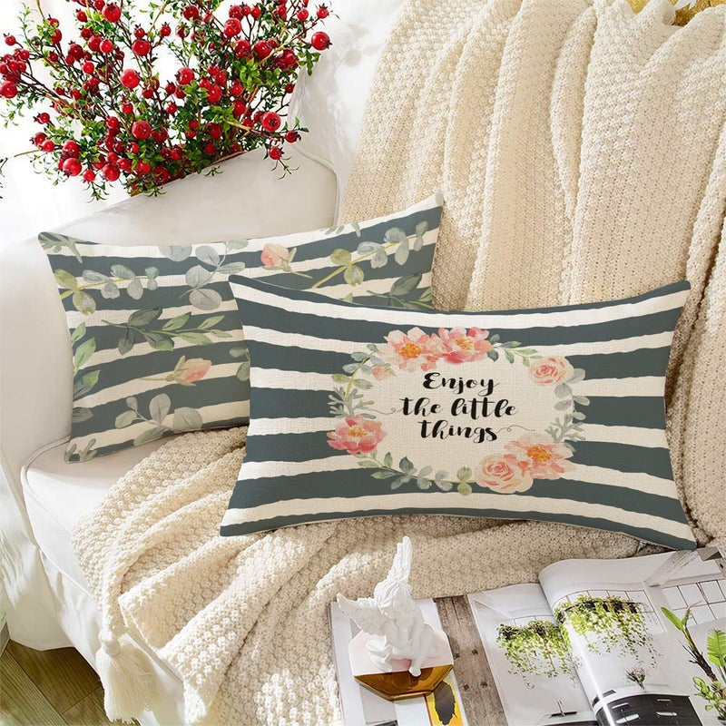 BRICK HOME Set of 2 Polycotton Printed Cushion Covers 12x18 Inches | Botanical Floral & Quote Design | Green, Blush Pink & Grey Stripes | Soft Decorative Pillow Covers for Sofa, Couch & Living Room - Image 5