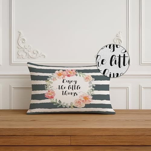 BRICK HOME Set of 2 Polycotton Printed Cushion Covers 12x18 Inches | Botanical Floral & Quote Design | Green, Blush Pink & Grey Stripes | Soft Decorative Pillow Covers for Sofa, Couch & Living Room - Image 3