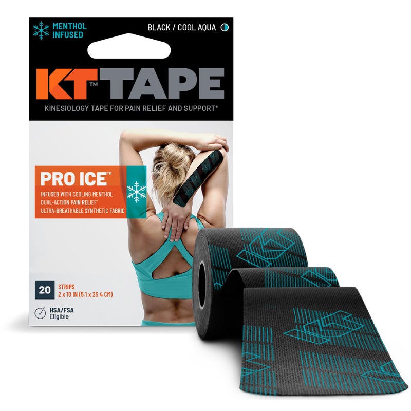 KT TAPE شريط كينيسيوLOGY KT، برو آيس، مشبع بالمنثول، 20 قطعة، شرائح مسبقة القطع 10 بوصات، أسود - Image 1