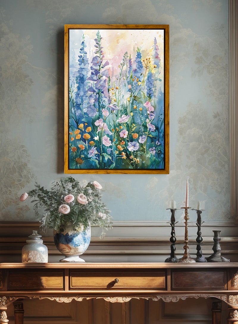 لوحة كانفاس على إطار خشبي بإطار خارجي باللون الخشبي وتصميم كلاسيكي لزهور ملونة - Image 1