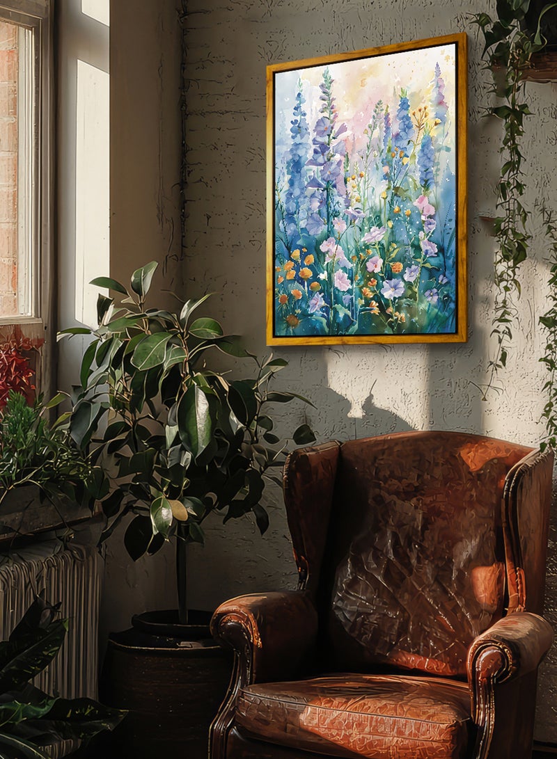 لوحة كانفاس على إطار خشبي بإطار خارجي باللون الخشبي وتصميم كلاسيكي لزهور ملونة - Image 2