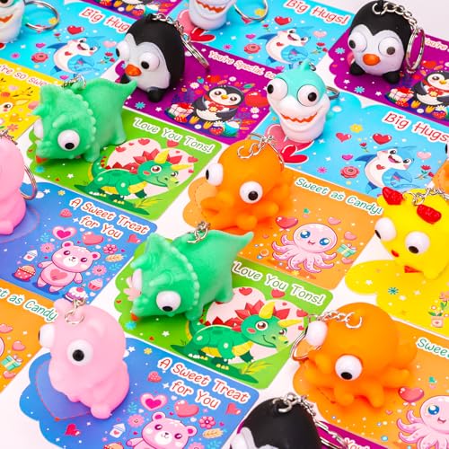 MGparty 28 Pack Valentines Day Popping Eye Toy with Cards Bulk Animal Fidget Toy Keychains for Kids School Classroom Valentines Exchange Gifts - Image 5