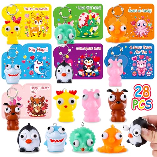 MGparty 28 Pack Valentines Day Popping Eye Toy with Cards Bulk Animal Fidget Toy Keychains for Kids School Classroom Valentines Exchange Gifts - Image 1