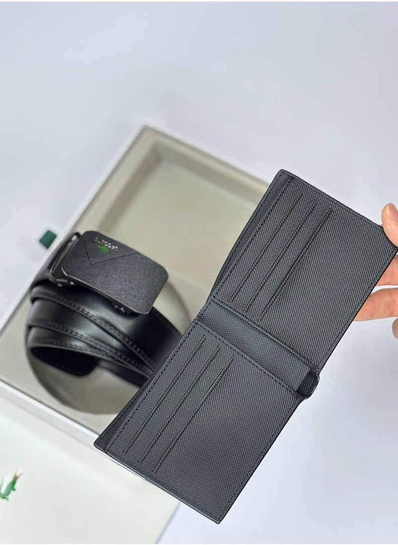 LACOSTE - Lacoste Men's Classic Leather Wallet & Belt Set-Black - Image 1