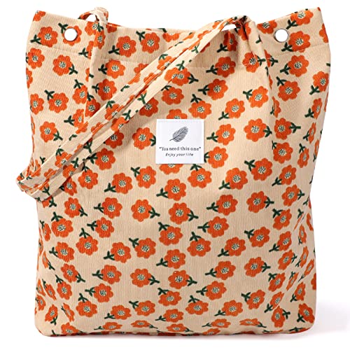 LHMTQVK Corduroy Tote Bags for Women, Large Capacity Corduroy Bag Reusable Grocery Shoulder Bag with Inner Pockets(Orange) - Image 1