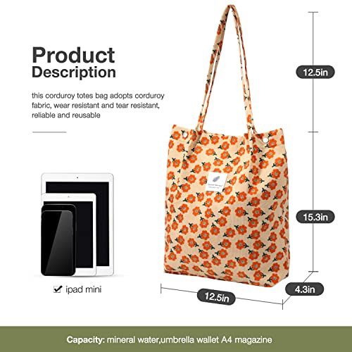 LHMTQVK Corduroy Tote Bags for Women, Large Capacity Corduroy Bag Reusable Grocery Shoulder Bag with Inner Pockets(Orange) - Image 3
