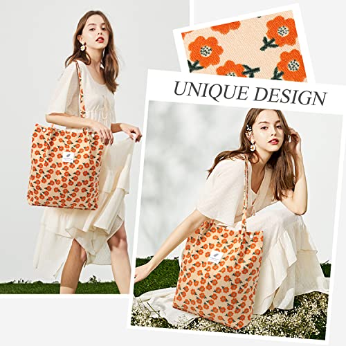 LHMTQVK Corduroy Tote Bags for Women, Large Capacity Corduroy Bag Reusable Grocery Shoulder Bag with Inner Pockets(Orange) - Image 2