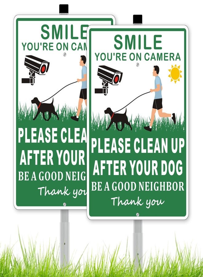 Frohllia (2 Pack) Clean Up After Your Dog Signs, Please Pick Up After Your Dog Sign for Yard, No Pooping Dogs Signage for Yards, 8x28 Heavy Duty Aluminum Weather Resistant and Easy to Install with Stake (Green - Image 1