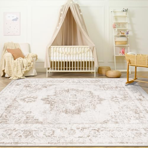 Zomfy Area Rug 4x6 Vintage Rug: Washable Indoor Medallion Rugs Low Pile Distressed Floor Carpet Retro Accent Rug for Living Room Bedroom Kitchen Dining Table Home Office(Beige, 4'x6') - Image 1