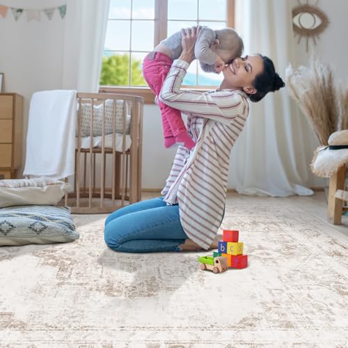 Zomfy Area Rug 4x6 Vintage Rug: Washable Indoor Medallion Rugs Low Pile Distressed Floor Carpet Retro Accent Rug for Living Room Bedroom Kitchen Dining Table Home Office(Beige, 4'x6') - Image 2