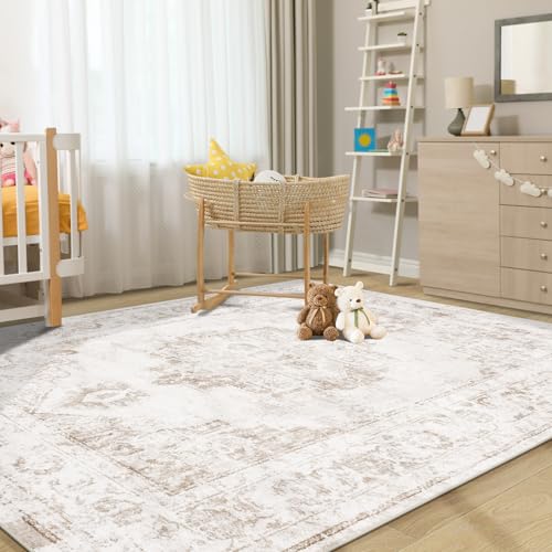 Zomfy Area Rug 4x6 Vintage Rug: Washable Indoor Medallion Rugs Low Pile Distressed Floor Carpet Retro Accent Rug for Living Room Bedroom Kitchen Dining Table Home Office(Beige, 4'x6') - Image 3