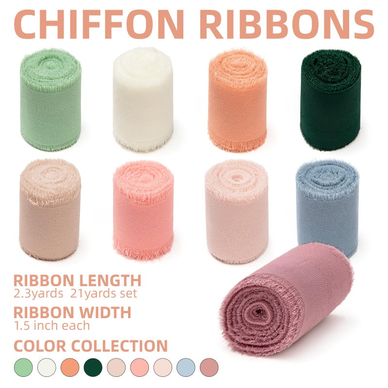KEOSREE 9 Rolls Multicolour Handmade Chiffon Ribbon,1.5" x 21Yd Frayed Fringe Silk Ribbons (9 Rolls *2.3Yd) for Gifts Wrapping, Wedding Invitations, Bridal Bouquets, Decorations - Image 2