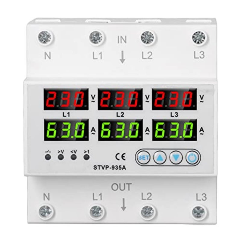 Over and Under Voltage Protector, 3 Phase AC220 380V Digital Display Voltage Amps Current Protector, Self Recovery Automatic Recovery Voltage Protector Relay 63A - Image 1