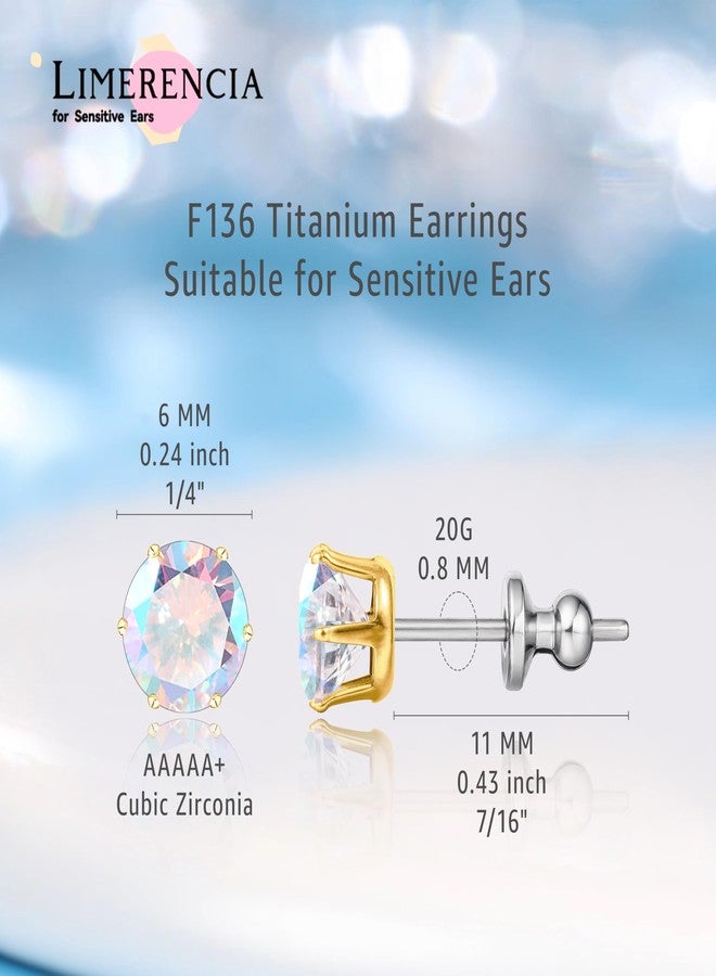 limerencia Titanium Earrings Hypoallergenic F136 Implant Grade Studs Round Cubic Zirconia 6 Prong Stud Earring for Women Men Sensitive Ears(Aurora Borealis+Gold) - Image 5