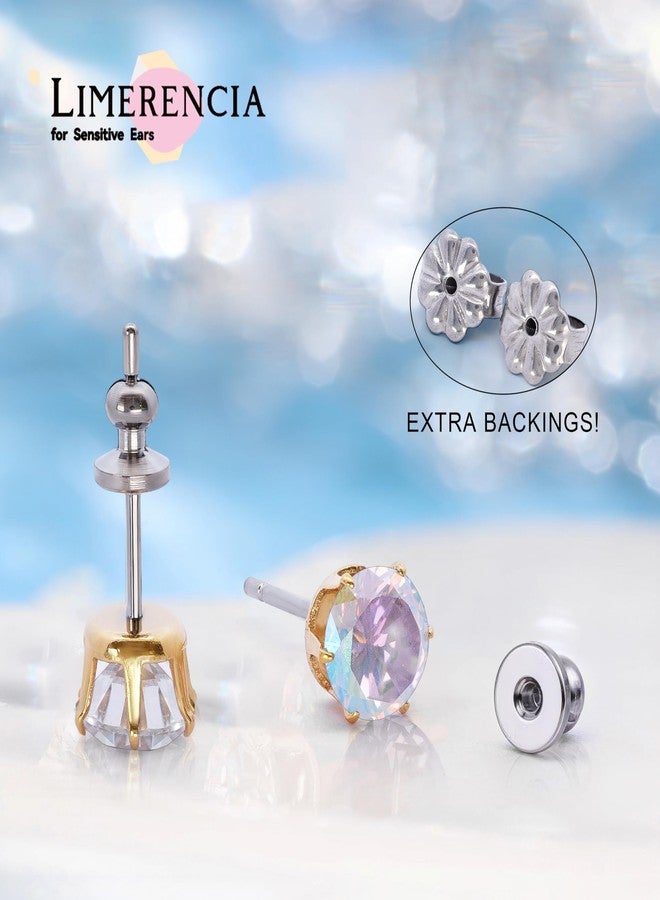 limerencia Titanium Earrings Hypoallergenic F136 Implant Grade Studs Round Cubic Zirconia 6 Prong Stud Earring for Women Men Sensitive Ears(Aurora Borealis+Gold) - Image 4