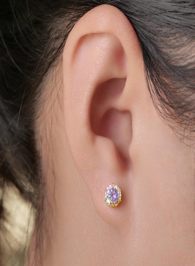 limerencia Titanium Earrings Hypoallergenic F136 Implant Grade Studs Round Cubic Zirconia 6 Prong Stud Earring for Women Men Sensitive Ears(Aurora Borealis+Gold) - Image 2