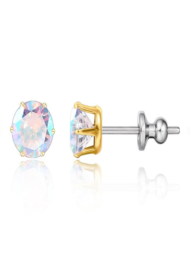 limerencia Titanium Earrings Hypoallergenic F136 Implant Grade Studs Round Cubic Zirconia 6 Prong Stud Earring for Women Men Sensitive Ears(Aurora Borealis+Gold) - Image 1