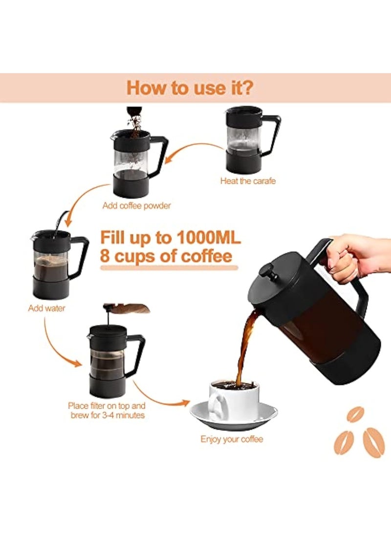 Arabest French Press Coffee Maker,Tea Kettle 1 Liter Insulated Piston Tea Pot Cafetiere Coffee Cup with Filter Stainless Steel Borosilicate Glass Coffee Press Durable Heat Resistant（1000ML，34OZ） - Image 5