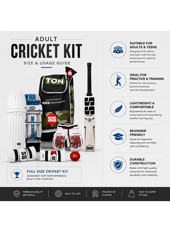 SS Cricket Kit Full Size with Bat, Pads, Gloves, Thigh Guard, Elbow Guard, Ball & Bag – Complete Adult Cricket Set - Image 4