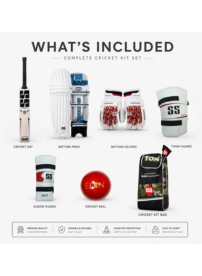 SS Cricket Kit Full Size with Bat, Pads, Gloves, Thigh Guard, Elbow Guard, Ball & Bag – Complete Adult Cricket Set - Image 2
