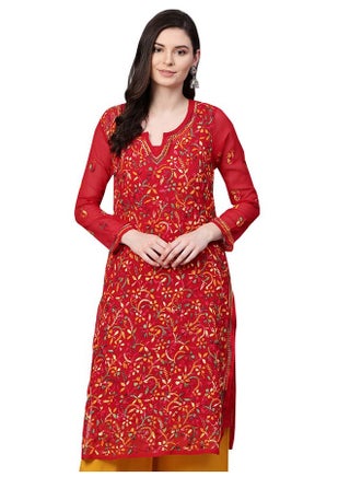 Ada Hand Embroidered Lucknow Chikankari Red Georgette Kurta Kurti with Slip for Women A262097 (M) - pzsku/Z3B97CD5AB13F66FFBF00Z/45/1743076159/1e4fb48e-6dc4-41e6-86da-c45a1a0b5acc