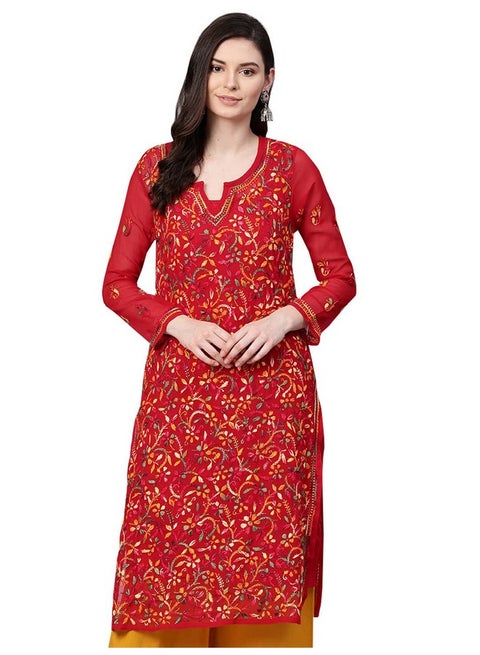 Ada Hand Embroidered Lucknow Chikankari Red Georgette Kurta Kurti with Slip for Women A262097 (M)