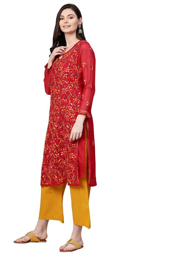 Ada Hand Embroidered Lucknow Chikankari Red Georgette Kurta Kurti with Slip for Women A262097 (M)