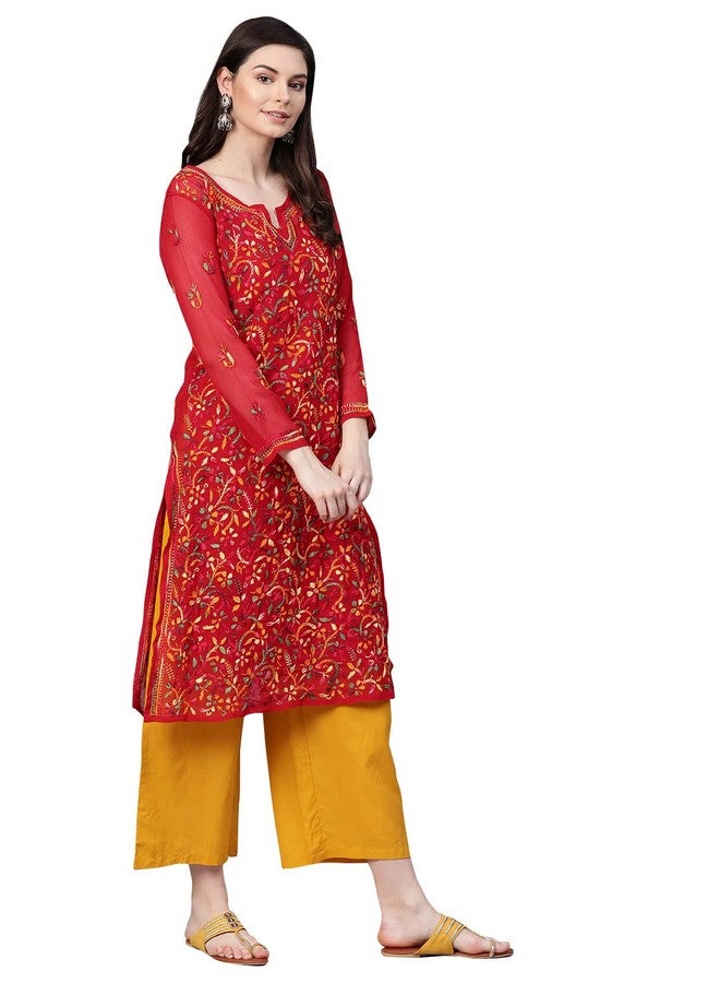 Ada Hand Embroidered Lucknow Chikankari Red Georgette Kurta Kurti with Slip for Women A262097 (M)