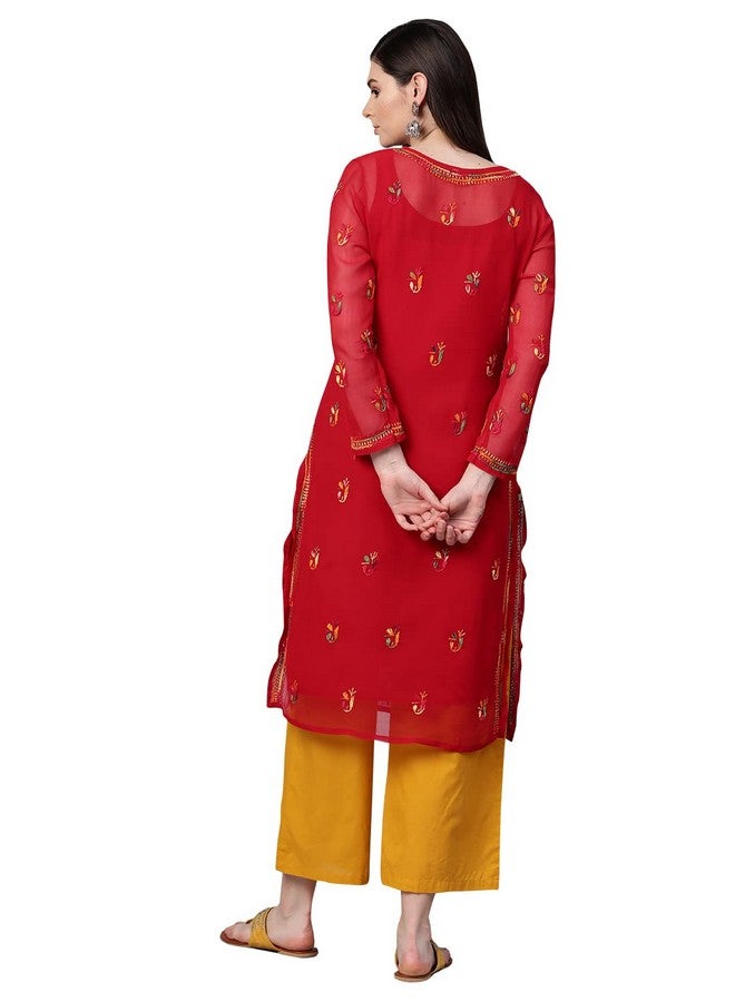 Ada Hand Embroidered Lucknow Chikankari Red Georgette Kurta Kurti with Slip for Women A262097 (M)