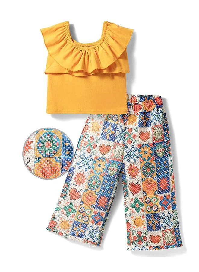 Ollington St. OLLINGTON ST. Cotton Knit Frill Sleeves Top & Printed Crochet Pant Set - Multicolor