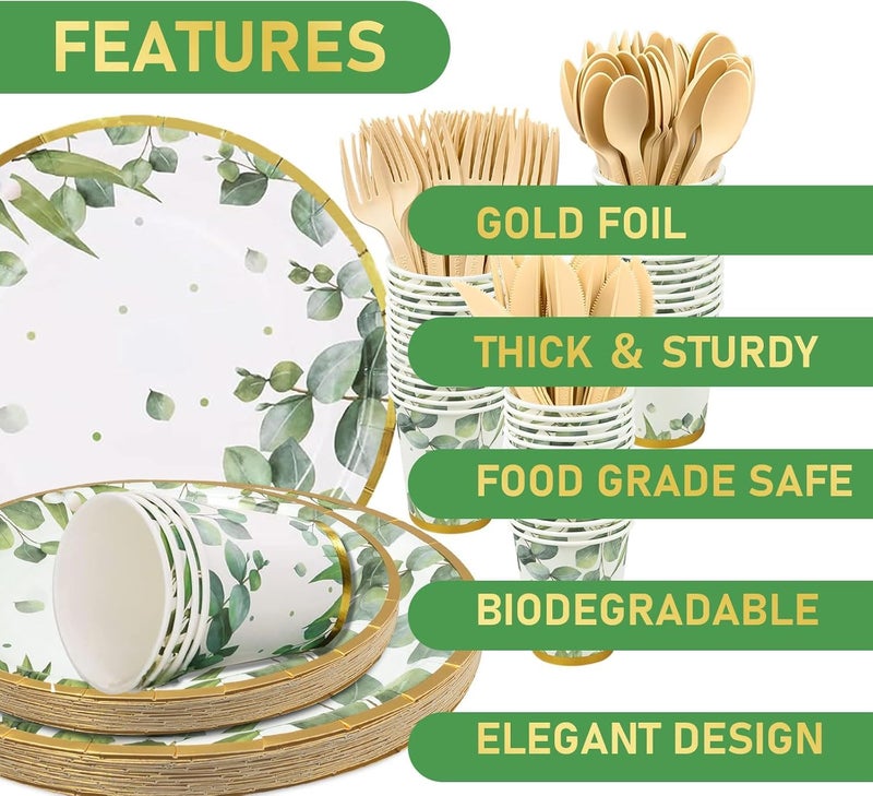 KisSealed 350 Pcs Sage Green Party Plates and Cups Sets,Disposable Paper Plates Cups Napkins Party Supplies,Eucalyptus Plates Dinnerware for Boho Bridal Shower/Baby Shower Theme,Serves 50 - Image 4