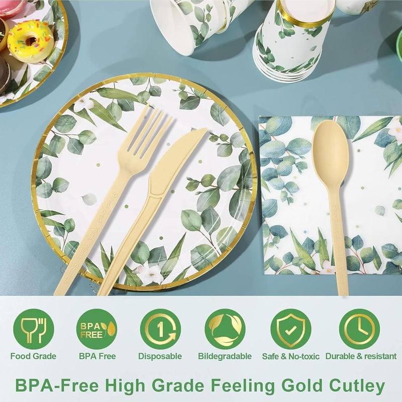 KisSealed 350 Pcs Sage Green Party Plates and Cups Sets,Disposable Paper Plates Cups Napkins Party Supplies,Eucalyptus Plates Dinnerware for Boho Bridal Shower/Baby Shower Theme,Serves 50 - Image 3