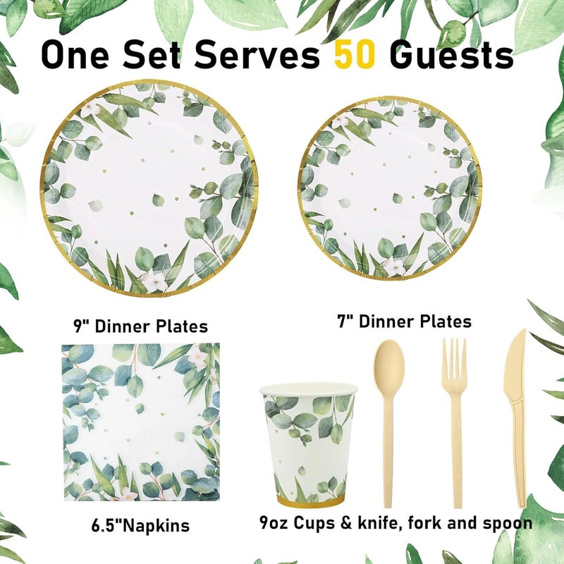 KisSealed 350 Pcs Sage Green Party Plates and Cups Sets,Disposable Paper Plates Cups Napkins Party Supplies,Eucalyptus Plates Dinnerware for Boho Bridal Shower/Baby Shower Theme,Serves 50 - Image 2