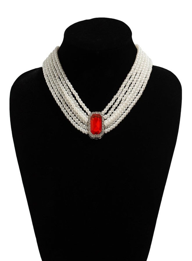 YERTTER Multi-layered Pearl Choker Necklace Crystal Pendant Charm Chain Collar Choker Boho Pearl Chain for Women (Red) - Image 4