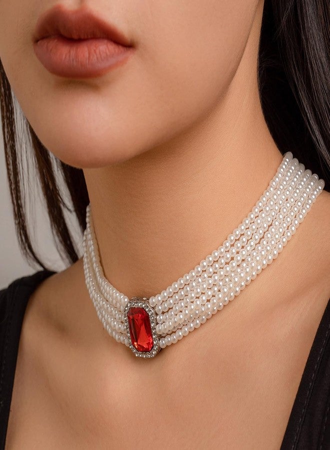 YERTTER Multi-layered Pearl Choker Necklace Crystal Pendant Charm Chain Collar Choker Boho Pearl Chain for Women (Red) - Image 2