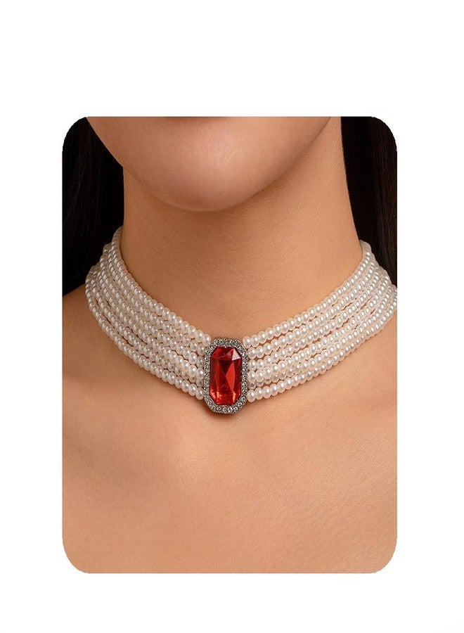 YERTTER Multi-layered Pearl Choker Necklace Crystal Pendant Charm Chain Collar Choker Boho Pearl Chain for Women (Red) - Image 1