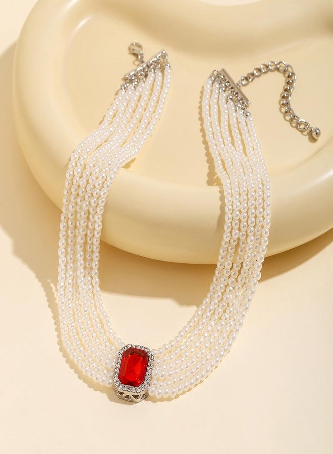 YERTTER Multi-layered Pearl Choker Necklace Crystal Pendant Charm Chain Collar Choker Boho Pearl Chain for Women (Red) - Image 3