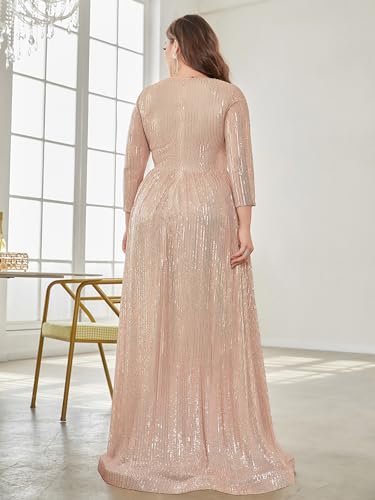 XUIBOL Plus Size Womens Prom Gown Glittery Sequins Long Sleeve V Neck Evening Dress Champagne 18 - Image 2