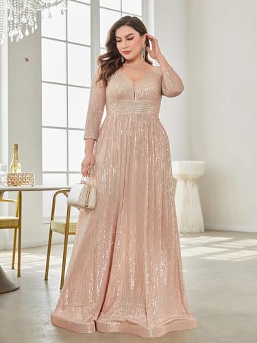 XUIBOL Plus Size Womens Prom Gown Glittery Sequins Long Sleeve V Neck Evening Dress Champagne 18 - Image 3