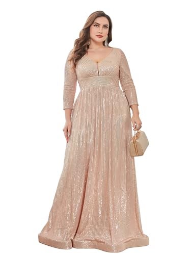 XUIBOL Plus Size Womens Prom Gown Glittery Sequins Long Sleeve V Neck Evening Dress Champagne 18 - Image 1