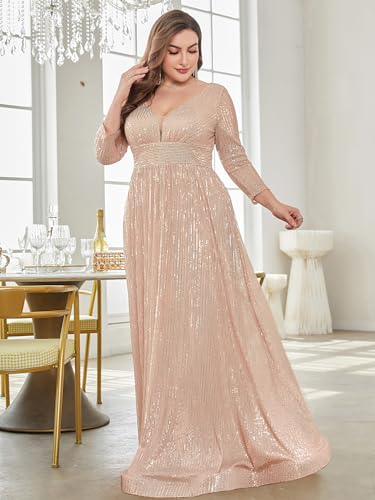XUIBOL Plus Size Womens Prom Gown Glittery Sequins Long Sleeve V Neck Evening Dress Champagne 18 - Image 5