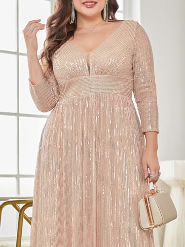 XUIBOL Plus Size Womens Prom Gown Glittery Sequins Long Sleeve V Neck Evening Dress Champagne 18 - Image 4