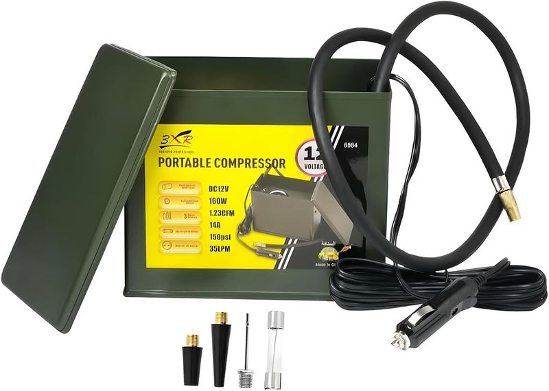 3Xr Portable Air Compressor, 12V Dc, 160W, 150 Psi, Metal Housing, With 3 Adapters For Auto Tires, Bike Tires, Balls, And Inflatable Boats, Oil-Free And Maintenance-Free - Image 1