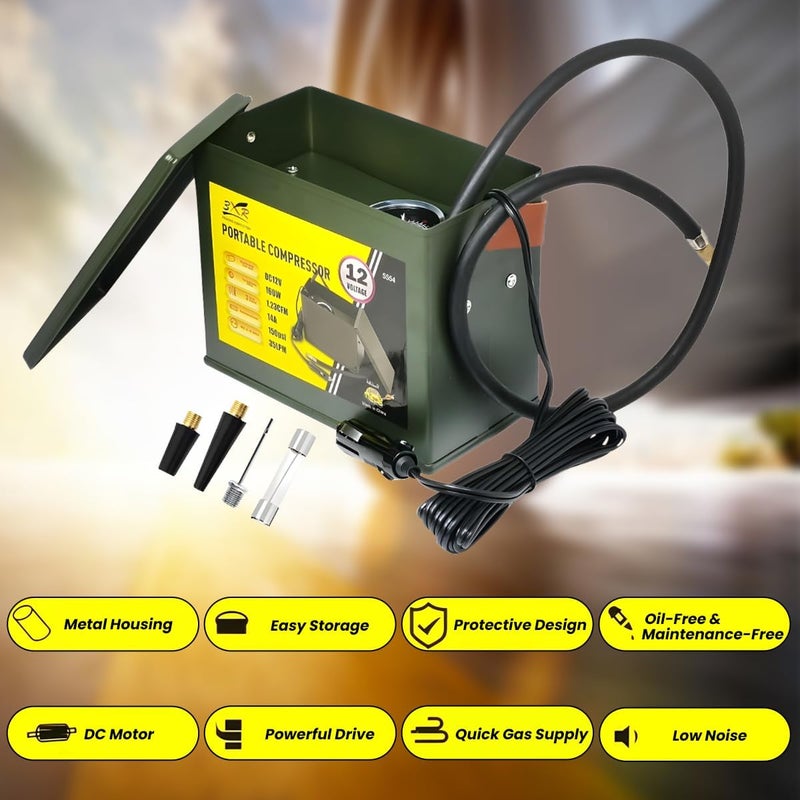 3Xr Portable Air Compressor, 12V Dc, 160W, 150 Psi, Metal Housing, With 3 Adapters For Auto Tires, Bike Tires, Balls, And Inflatable Boats, Oil-Free And Maintenance-Free - Image 4