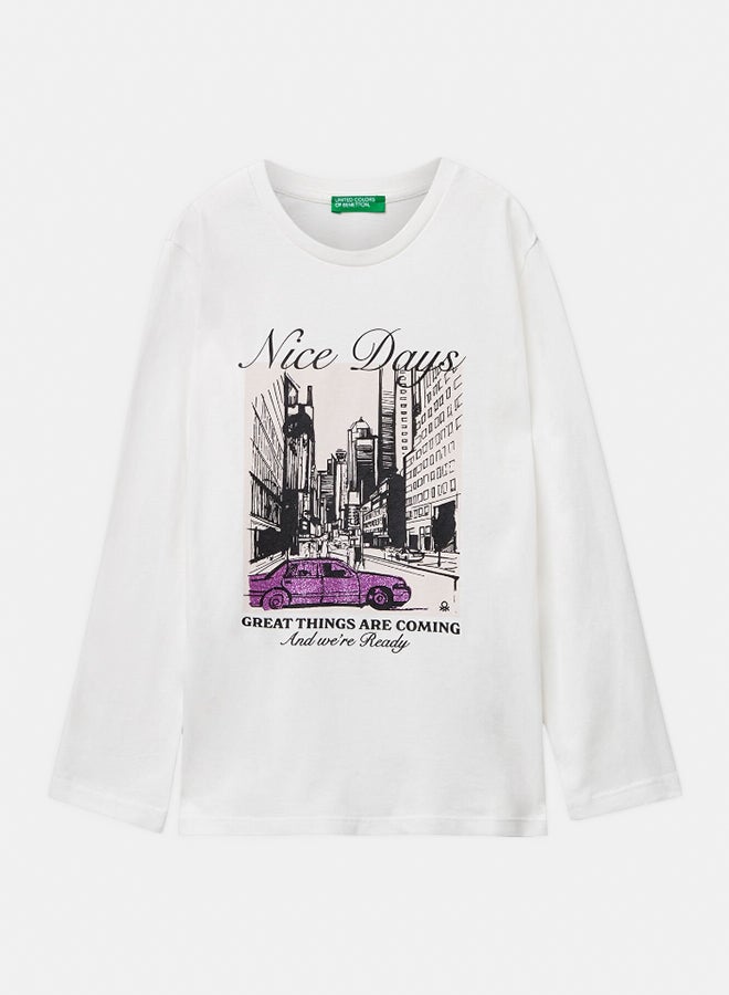 Benetton Girls Long sleeve cotton T-shirt with glitter print - Image 1