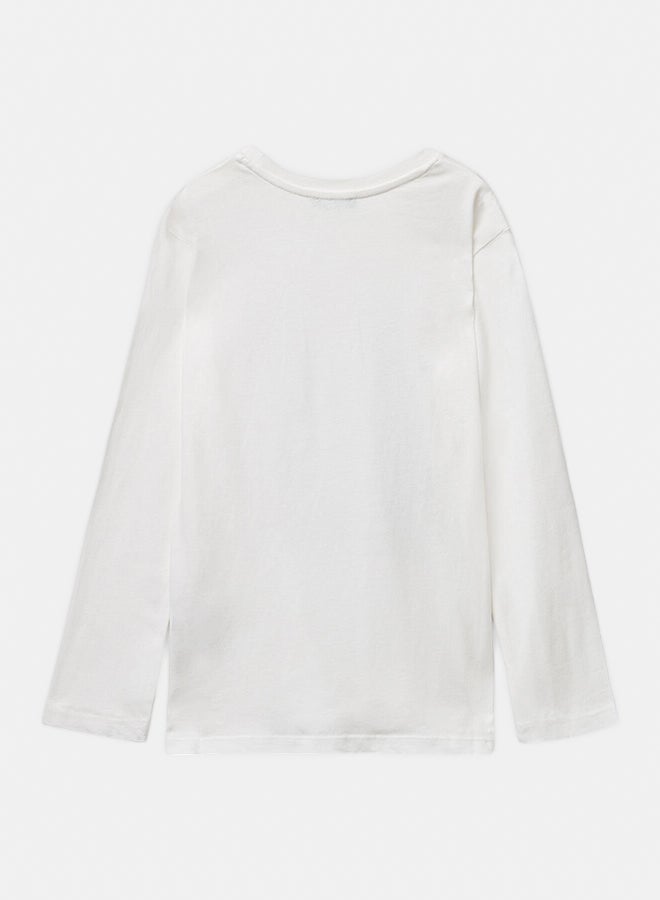 Benetton Girls Long sleeve cotton T-shirt with glitter print - Image 3