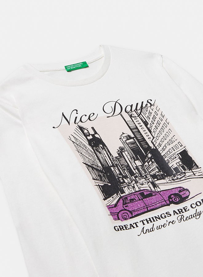 Benetton Girls Long sleeve cotton T-shirt with glitter print - Image 2