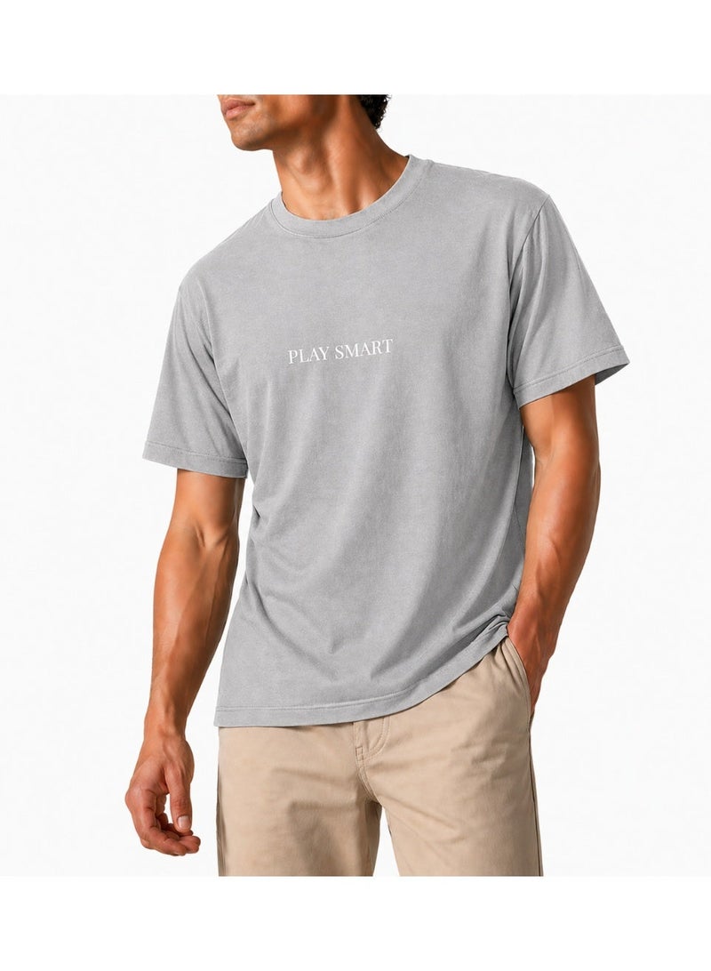 Relax Fit Cotton T-shirt with "Play Smart" Print - Grey - Image 1