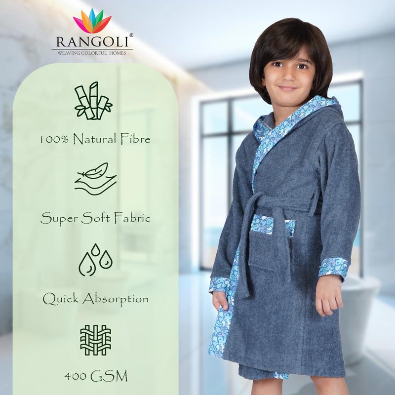 Rangoli Kids Bamboo Bathrobe - Ultra Soft, Hooded, Blue, Size 11-12 Years - Image 2
