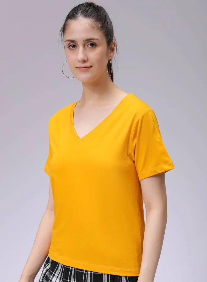 Freehand Women Regular Fit Solid V-Neck T-Shirt
